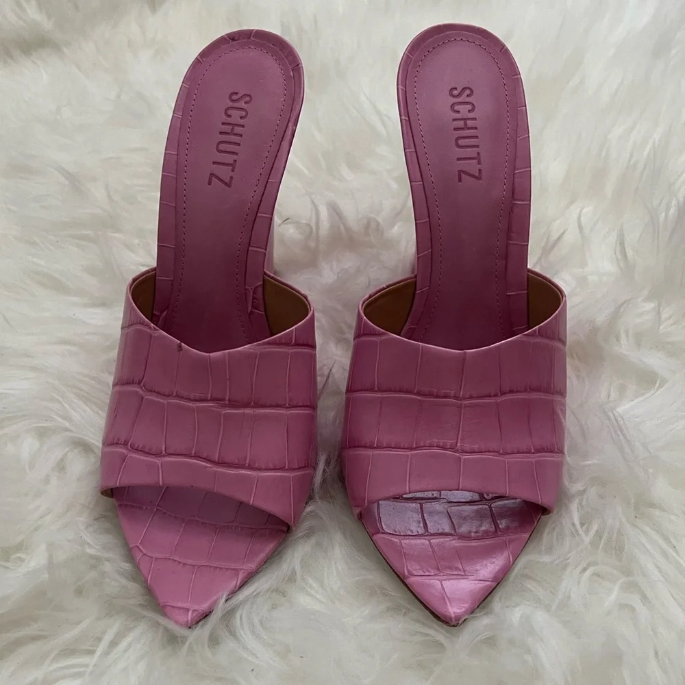 SCHUTZ Mauve Pink Croc-Embossed Pointed Toe Mule Sandals